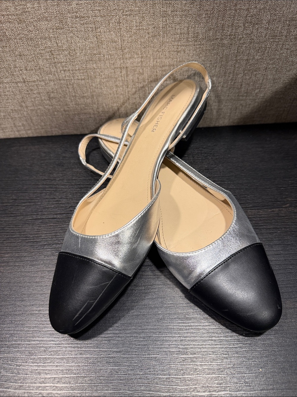 Marc Fisher Silver and Black Slingback Flats